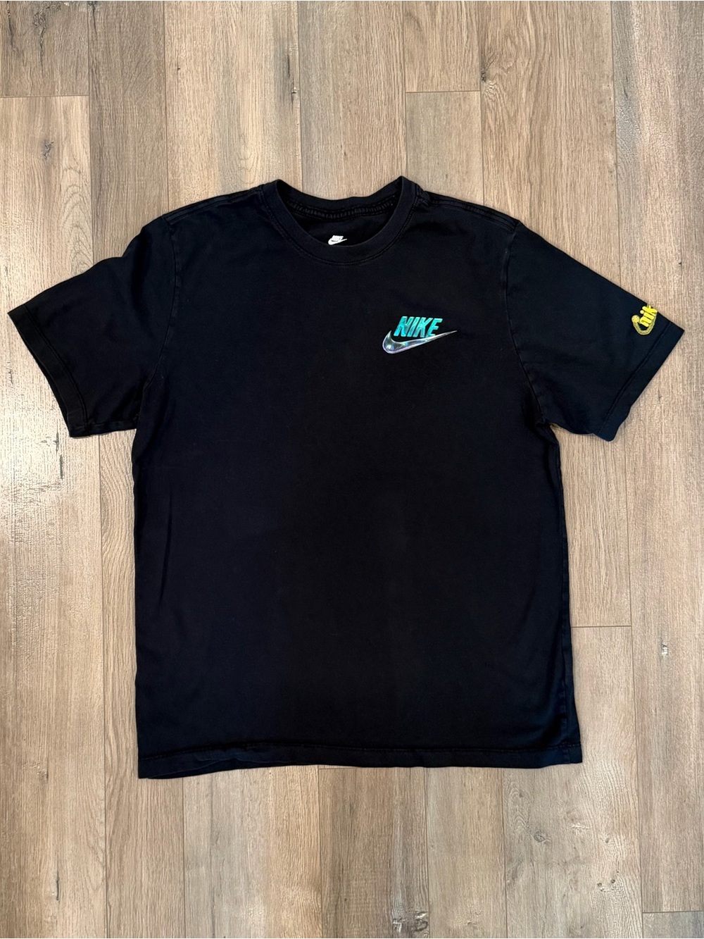 Nike Black T-Shirt with Teal and Yellow Logos